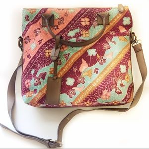 Batik fabric and real leather messenger bag NWOT